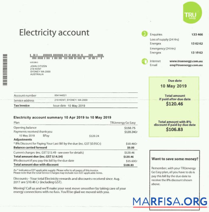 Printable Australia Tru electricity utility bill template, fully editable in PSD format